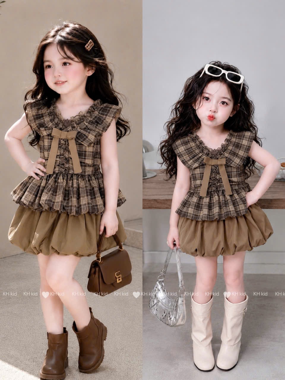 Sét bộ áo kẻ cổ tim quần bồng nâu kh bé gái