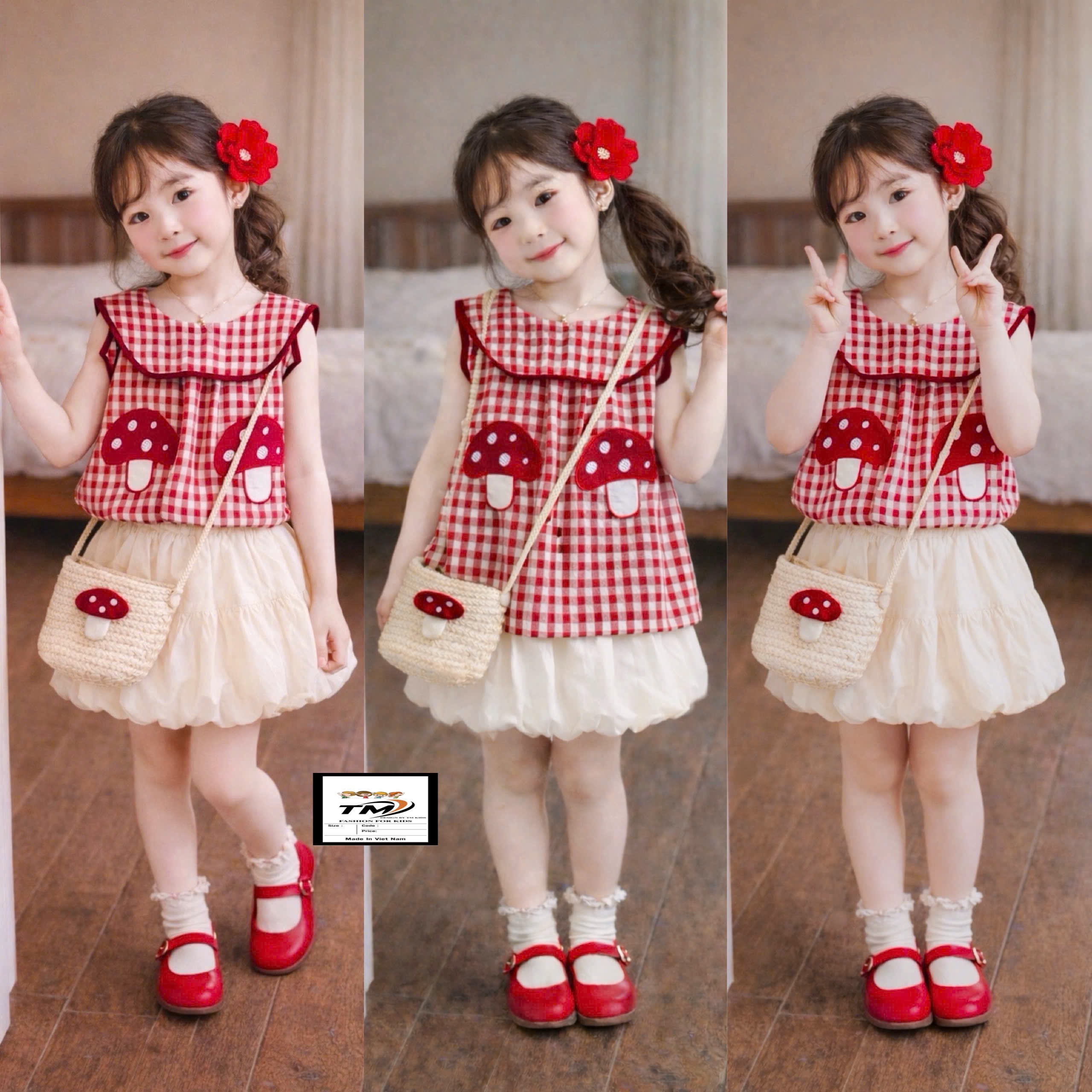 Sét bộ áo kẻ đỏ kèm túi nấm cv bồng bí bé gái