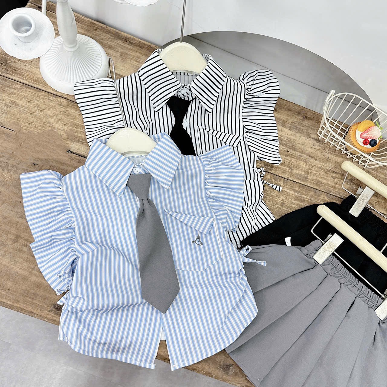 Sét bộ áo sọc xanh đen tay cánh tuên cv dậplybes gái tm