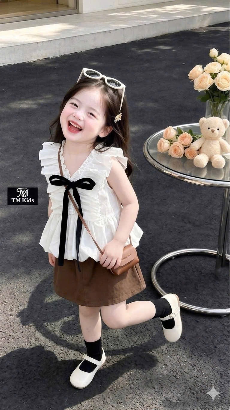 Sét bộ áo trắng cổ tin cv kaki nâu bé gái xk