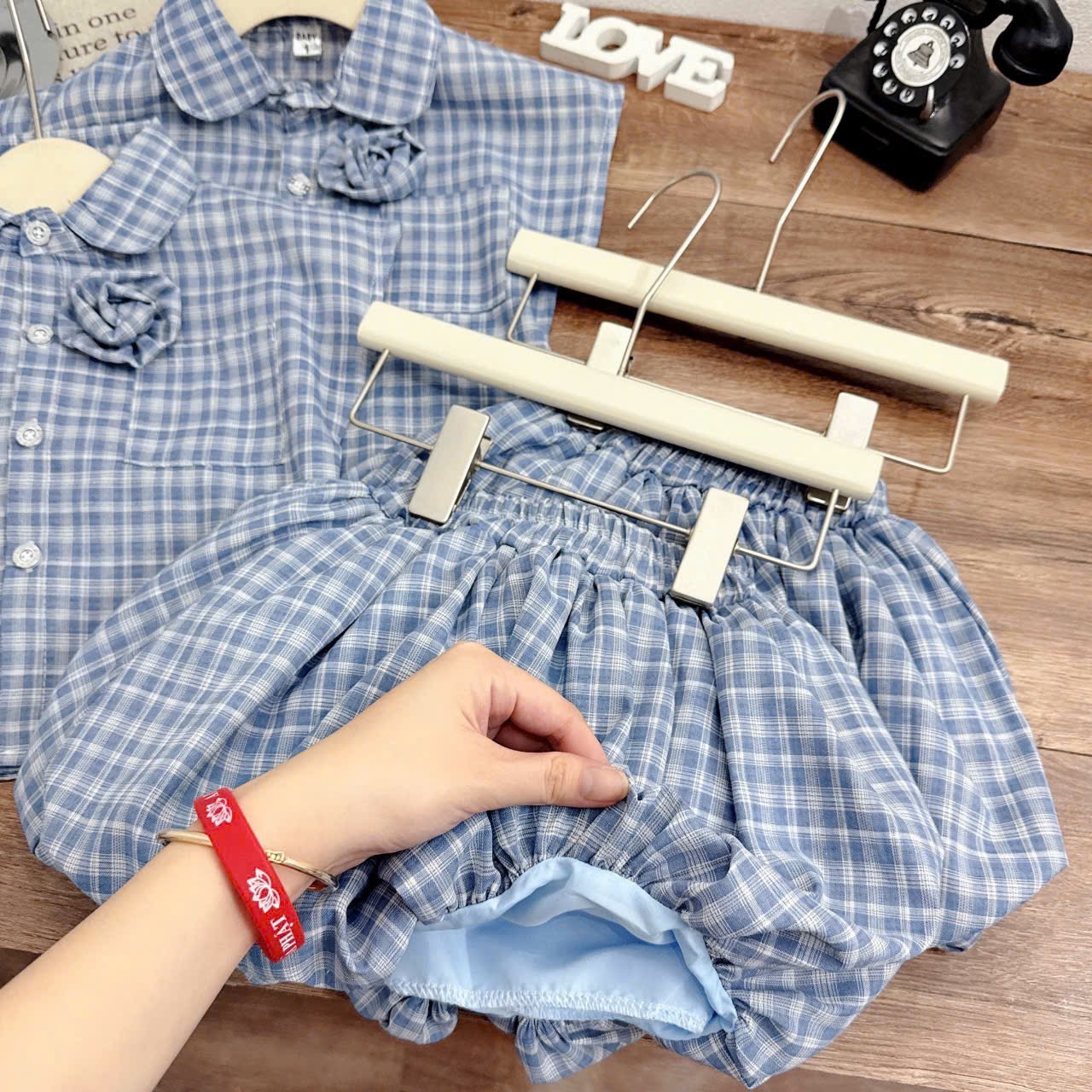 Sét bộ caro quần bồng xanh bé gái