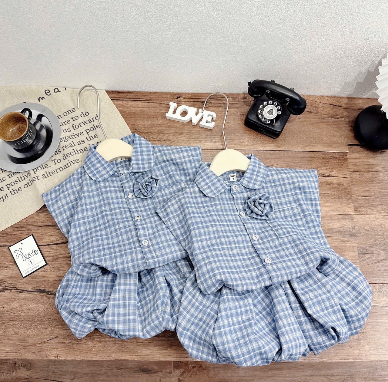 Sét bộ caro quần bồng xanh bé gái