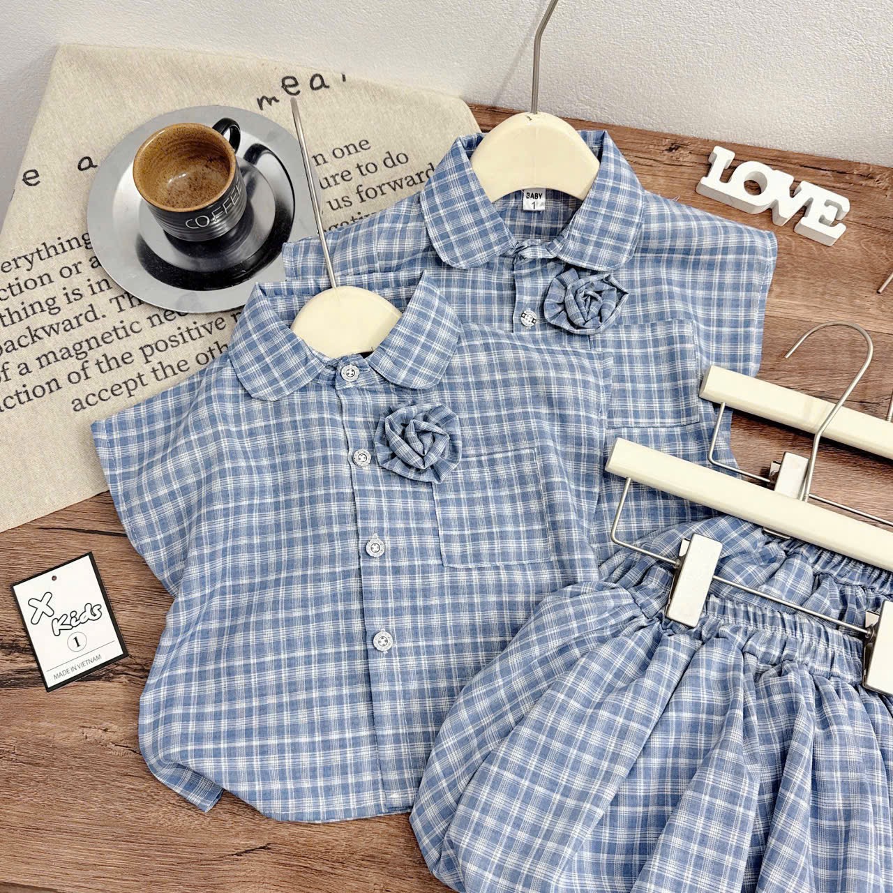 Sét bộ caro quần bồng xanh bé gái