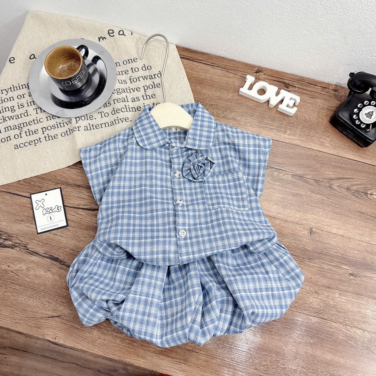 Sét bộ caro quần bồng xanh bé gái