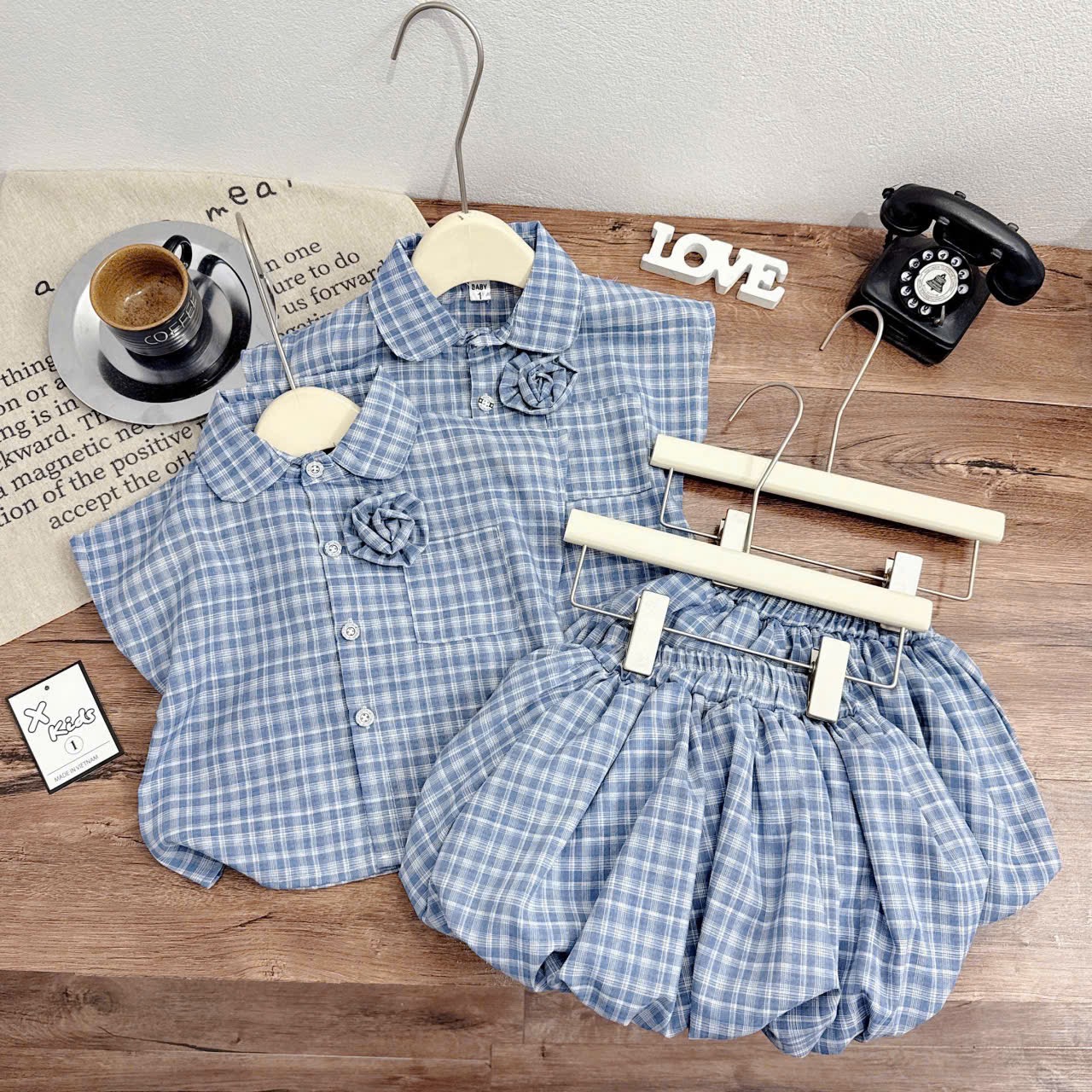 Sét bộ caro quần bồng xanh bé gái