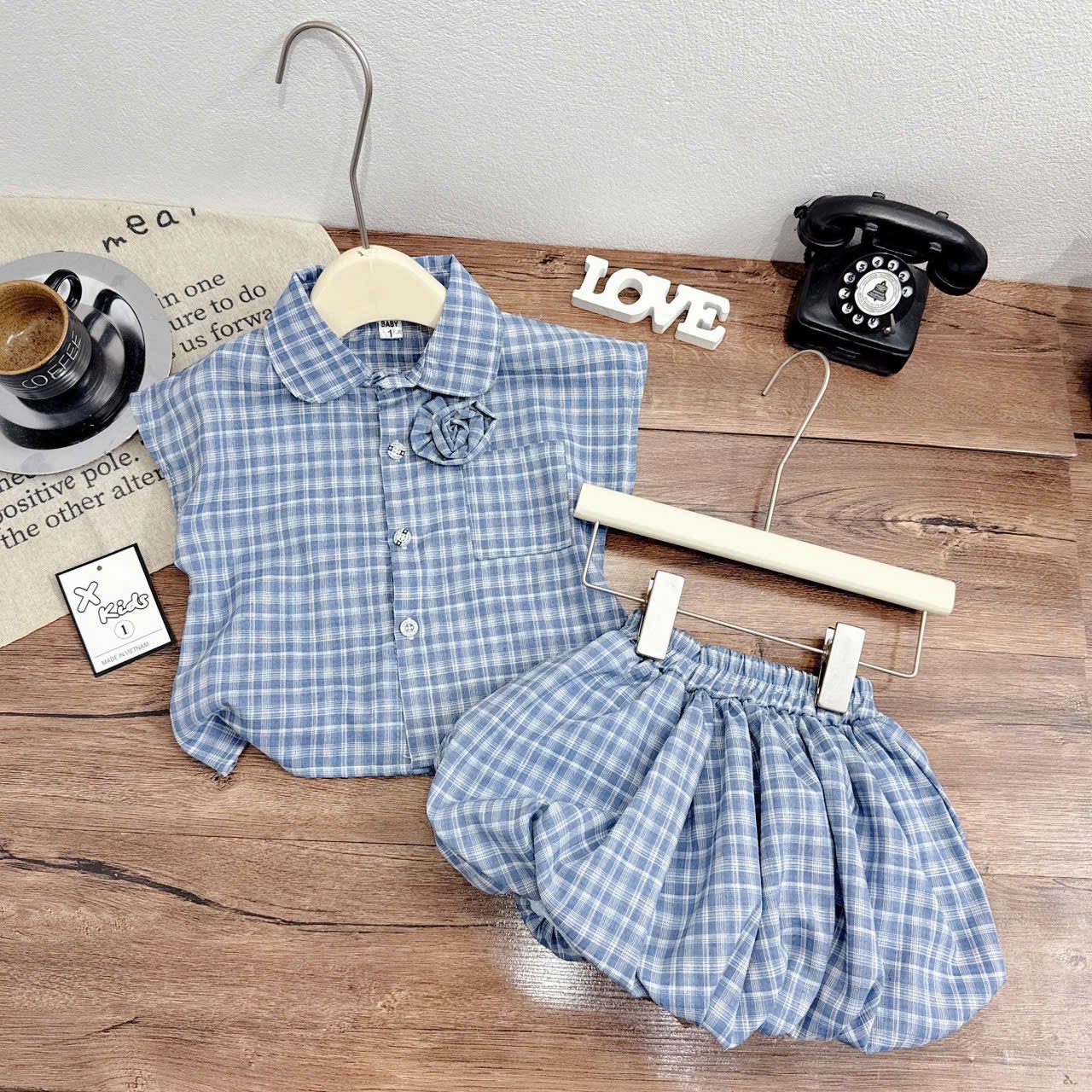 Sét bộ caro quần bồng xanh bé gái