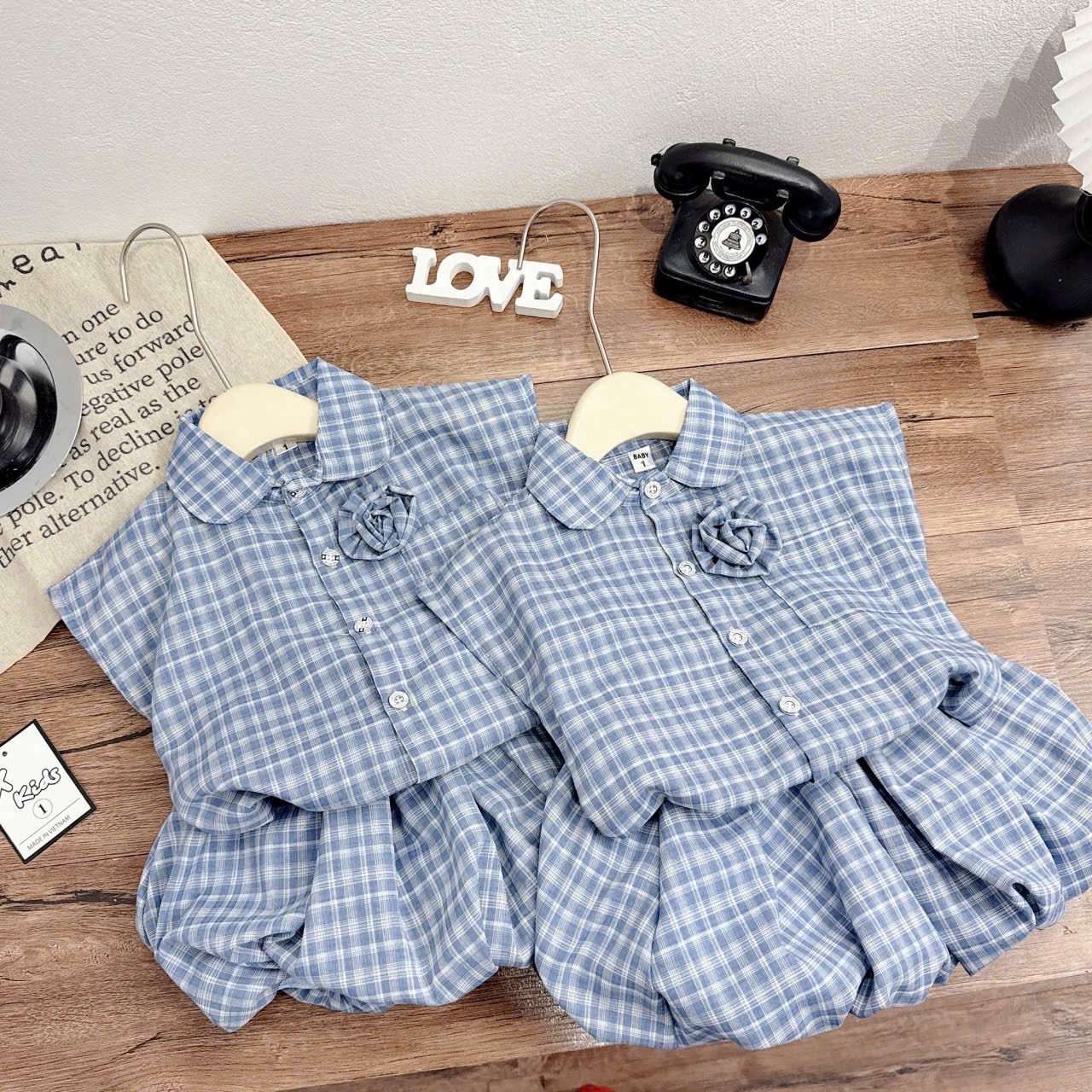 Sét bộ caro quần bồng xanh bé gái