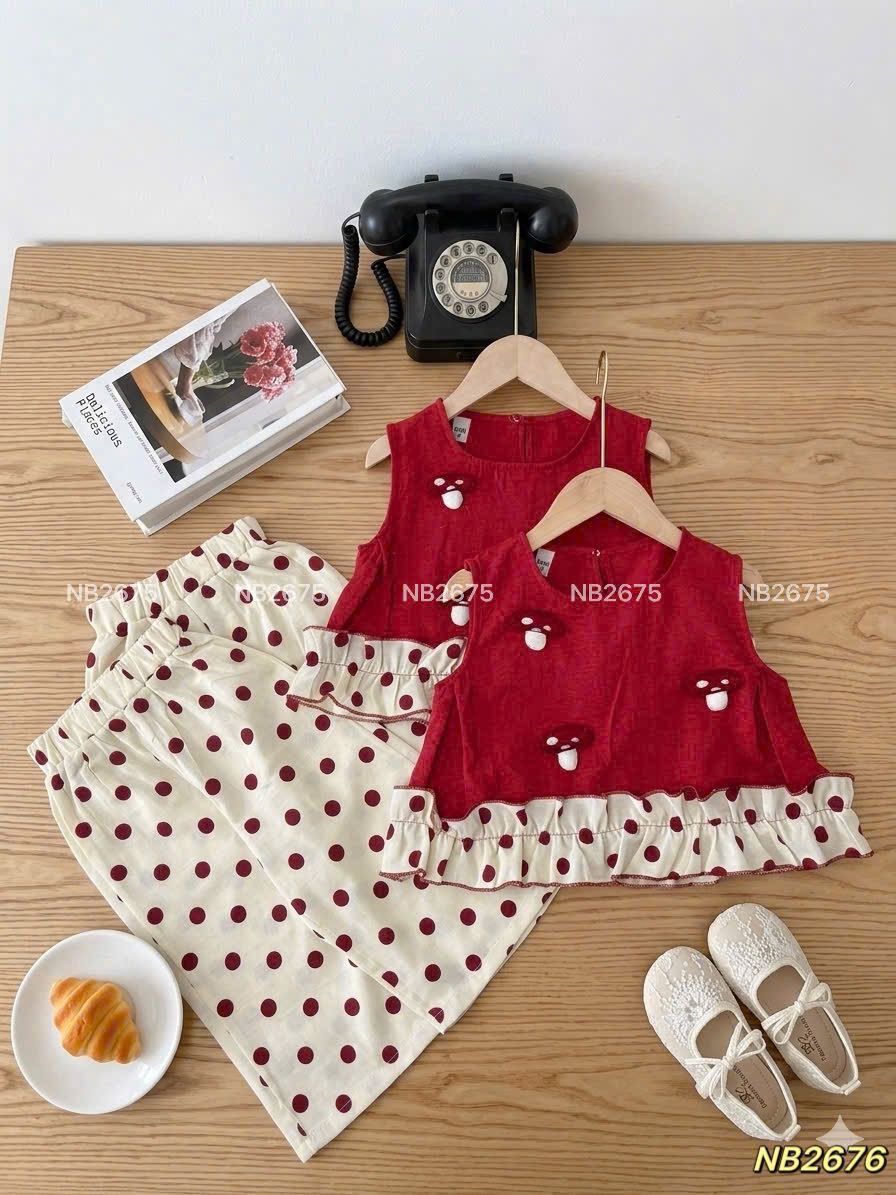 Sét bộ đỏ nấm quần bi đũi nb bé gái
