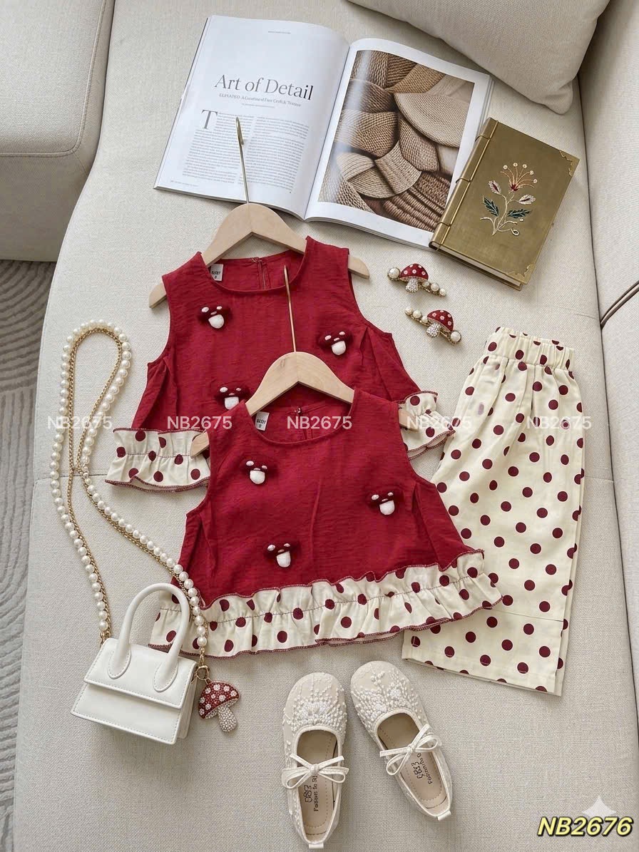 Sét bộ đỏ nấm quần bi đũi nb bé gái