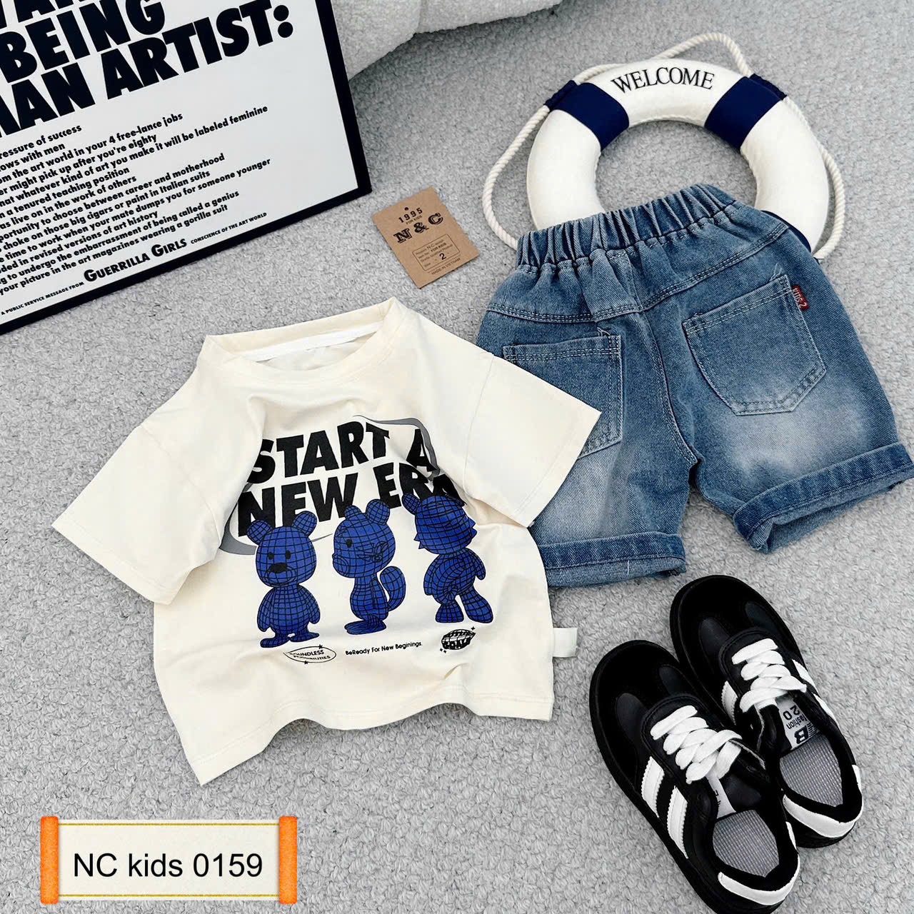 Sét bộ gấu quầm sooc bò xanh bé trai