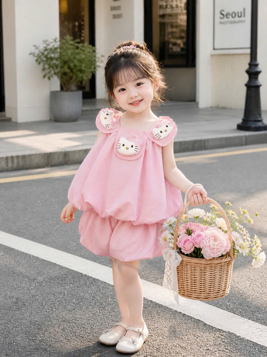 Sét bộ hồng cổ đính thú bông kitty bé gái
