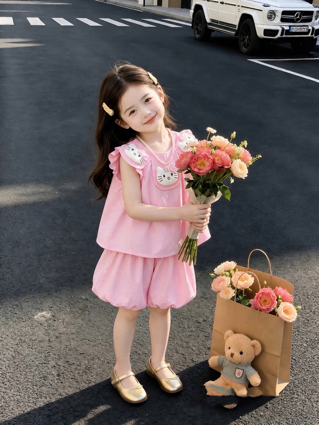 Sét bộ hồng cổ đính thú bông kitty bé gái