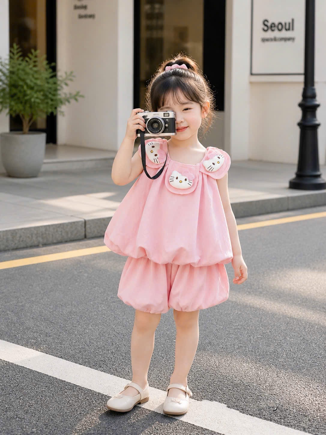 Sét bộ hồng cổ đính thú bông kitty bé gái
