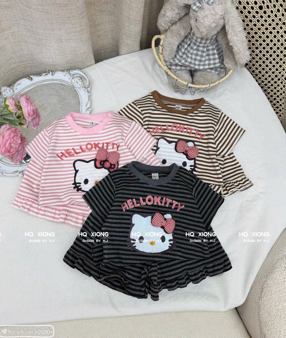 Sét bộ kitty kẻ 3 màu bé gái xk