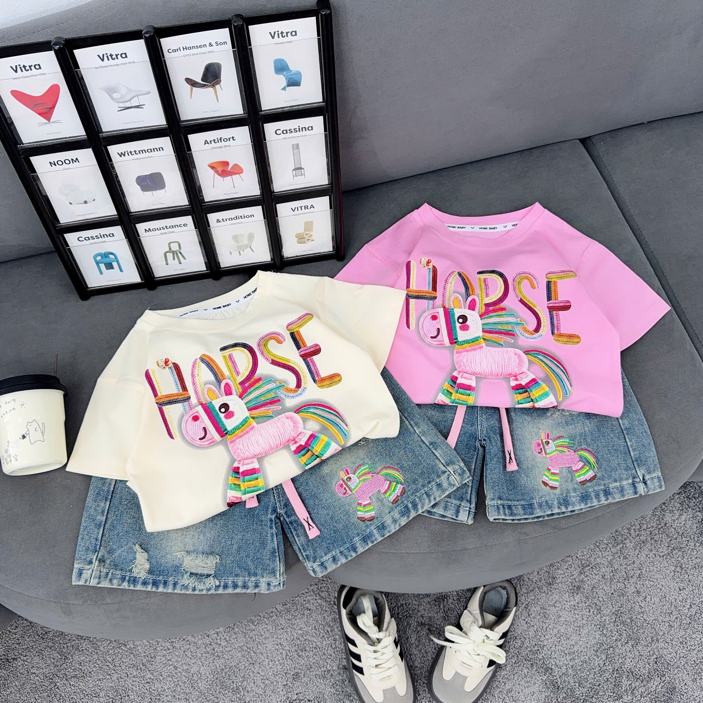 Sét bộ màu quần sooc xanh ngựa bé trai gái