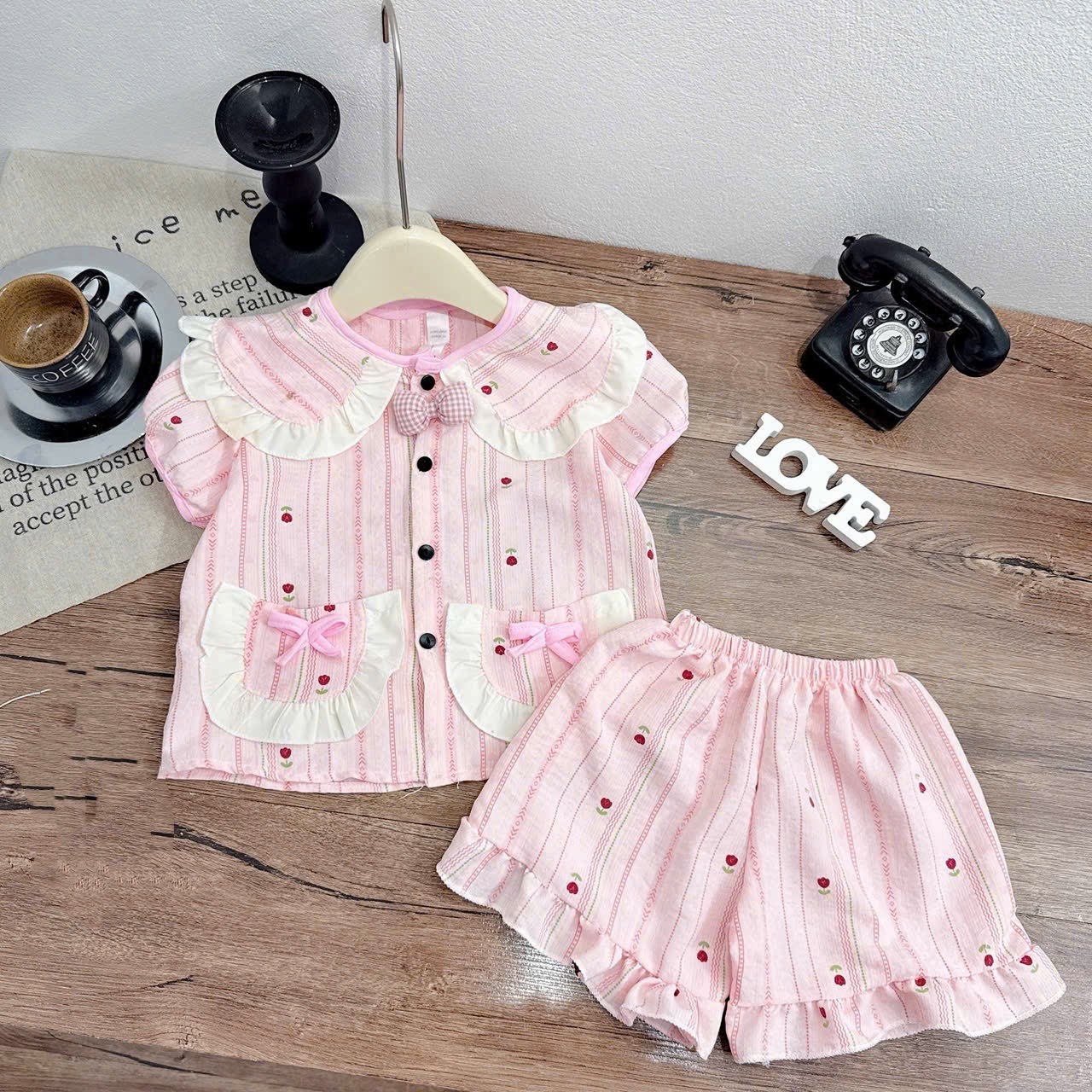 Sét bộ pzm cổ nơ hồng bé gái***