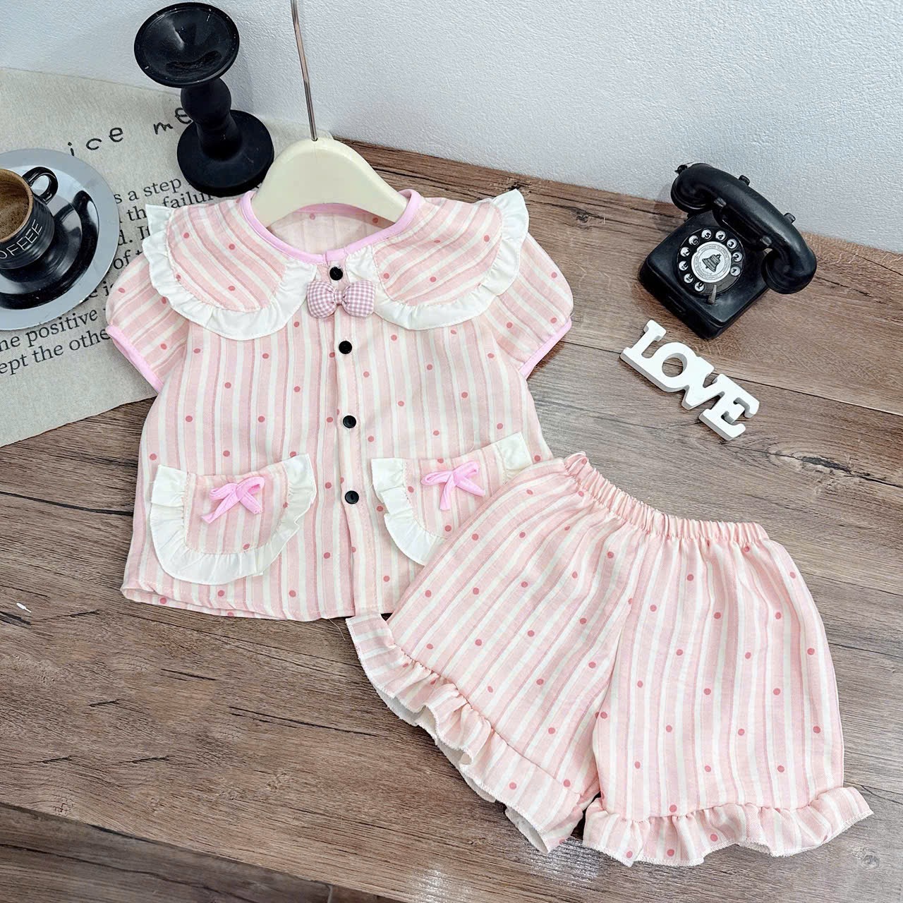 Sét bộ pzm cổ nơ hồng bé gái***