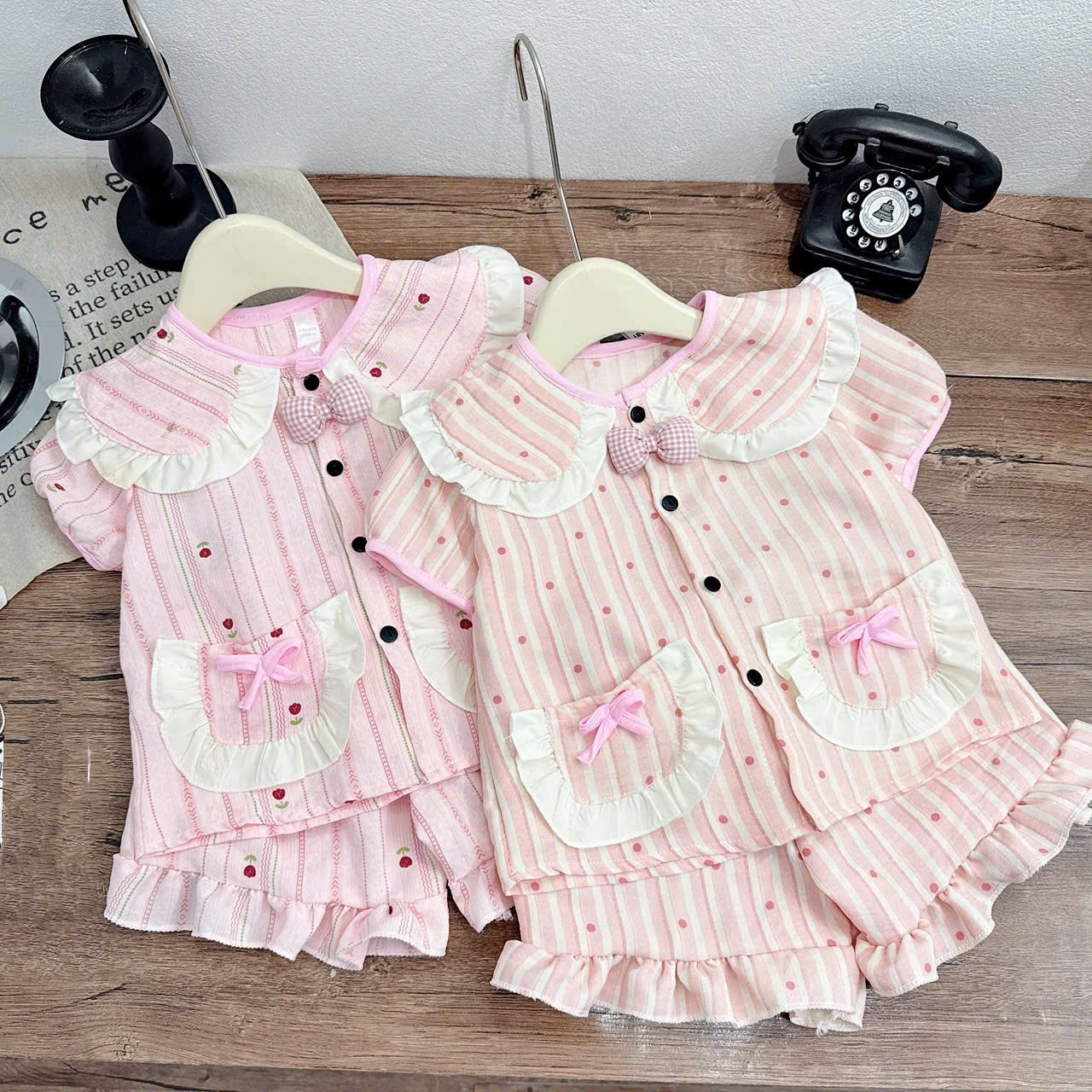 Sét bộ pzm cổ nơ hồng bé gái***