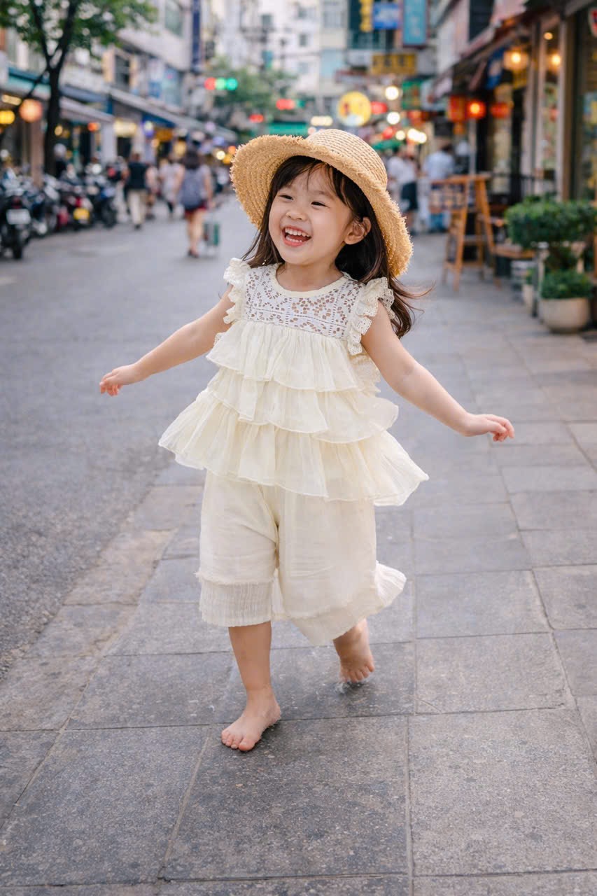 Sét bộ ren phối voan kem bé gái xk