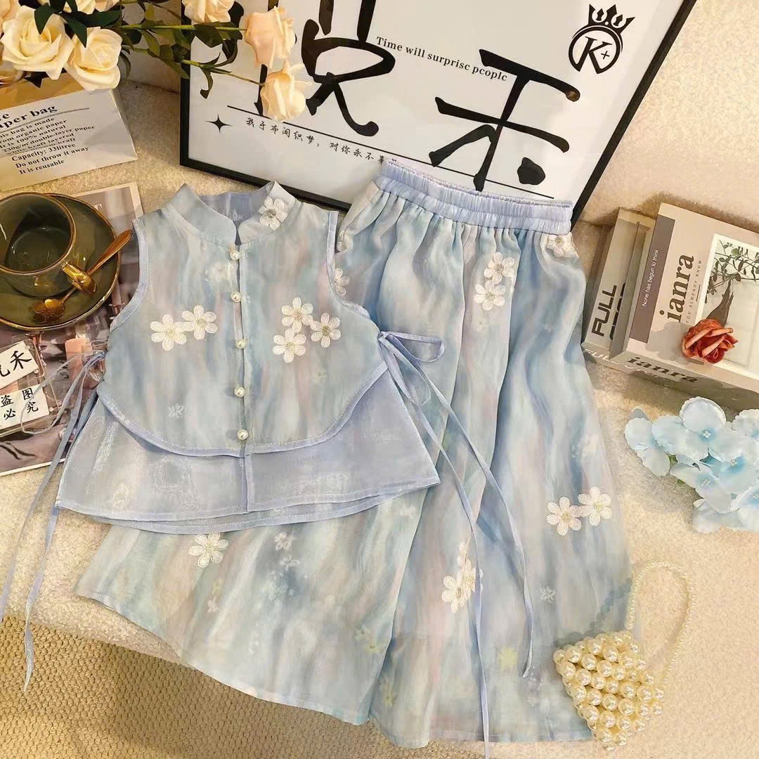 Sét bộ tơ thêu quần xuông xanh dương bé gái