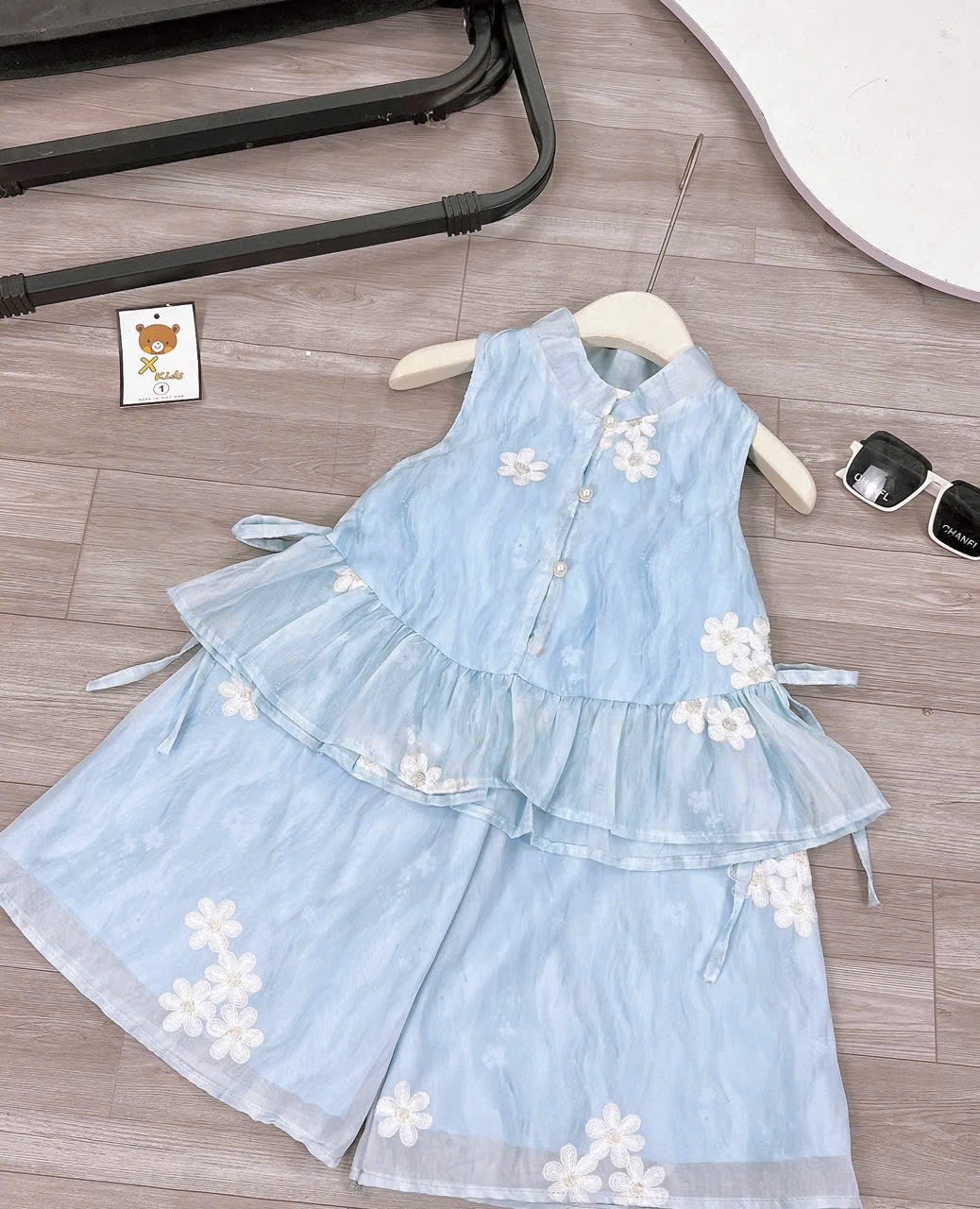 Sét bộ tơ thêu quần xuông xanh dương bé gái