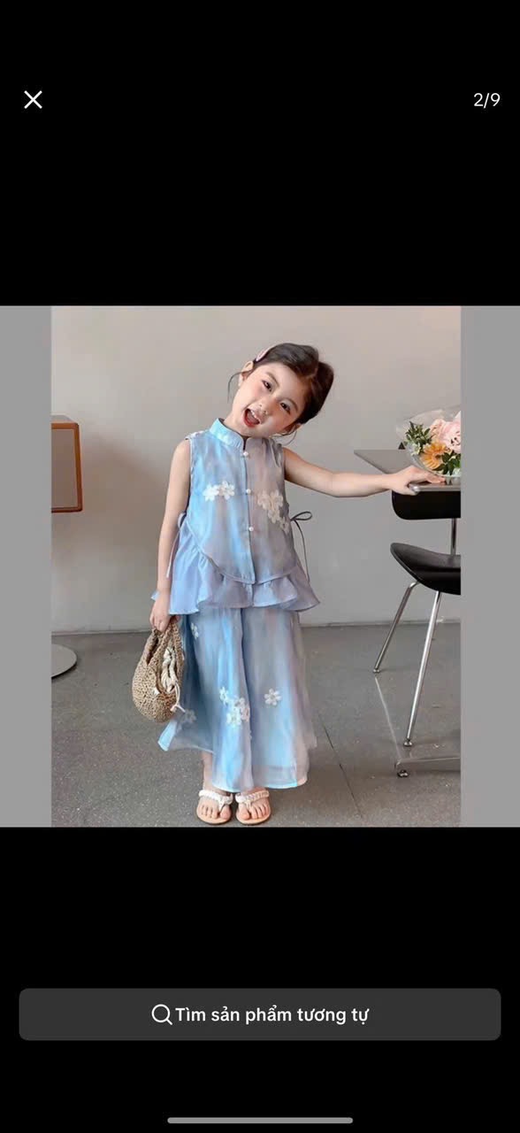 Sét bộ tơ thêu quần xuông xanh dương bé gái