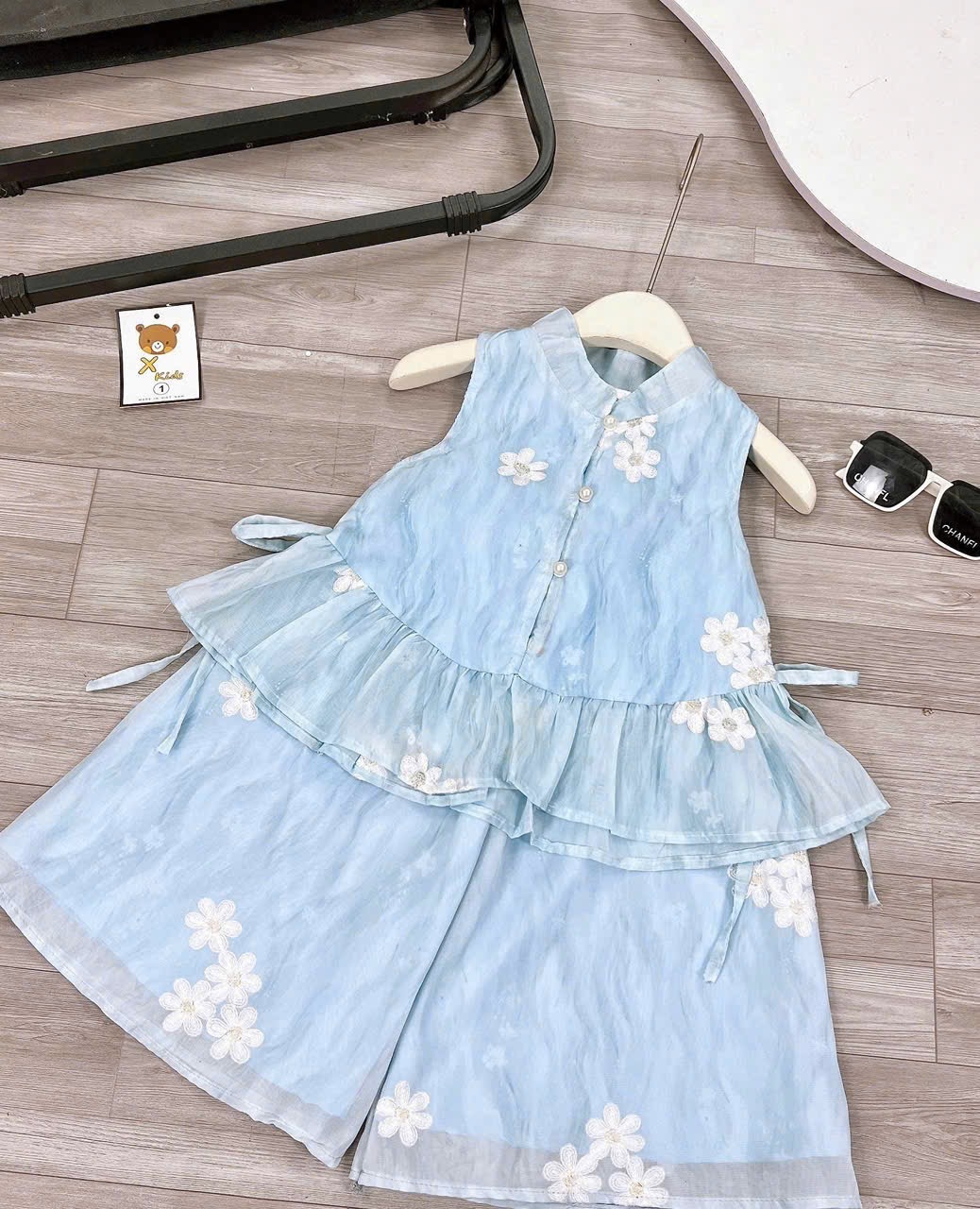 Sét bộ tơ thêu quần xuông xanh dương bé gái