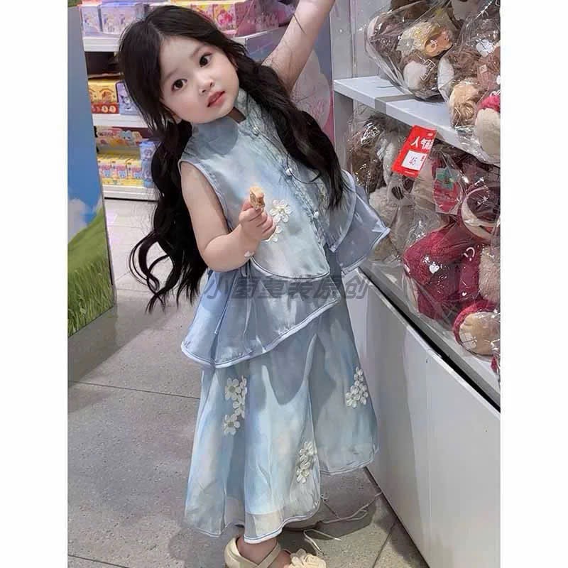 Sét bộ tơ thêu quần xuông xanh dương bé gái