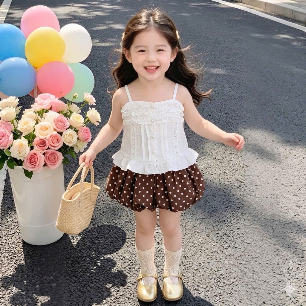 Sét bộ trắng 2 dây quần bi nâu bé gái lt