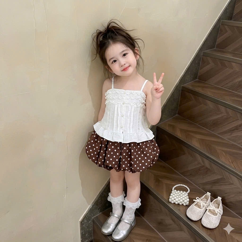 Sét bộ trắng 2 dây quần bi nâu bé gái lt