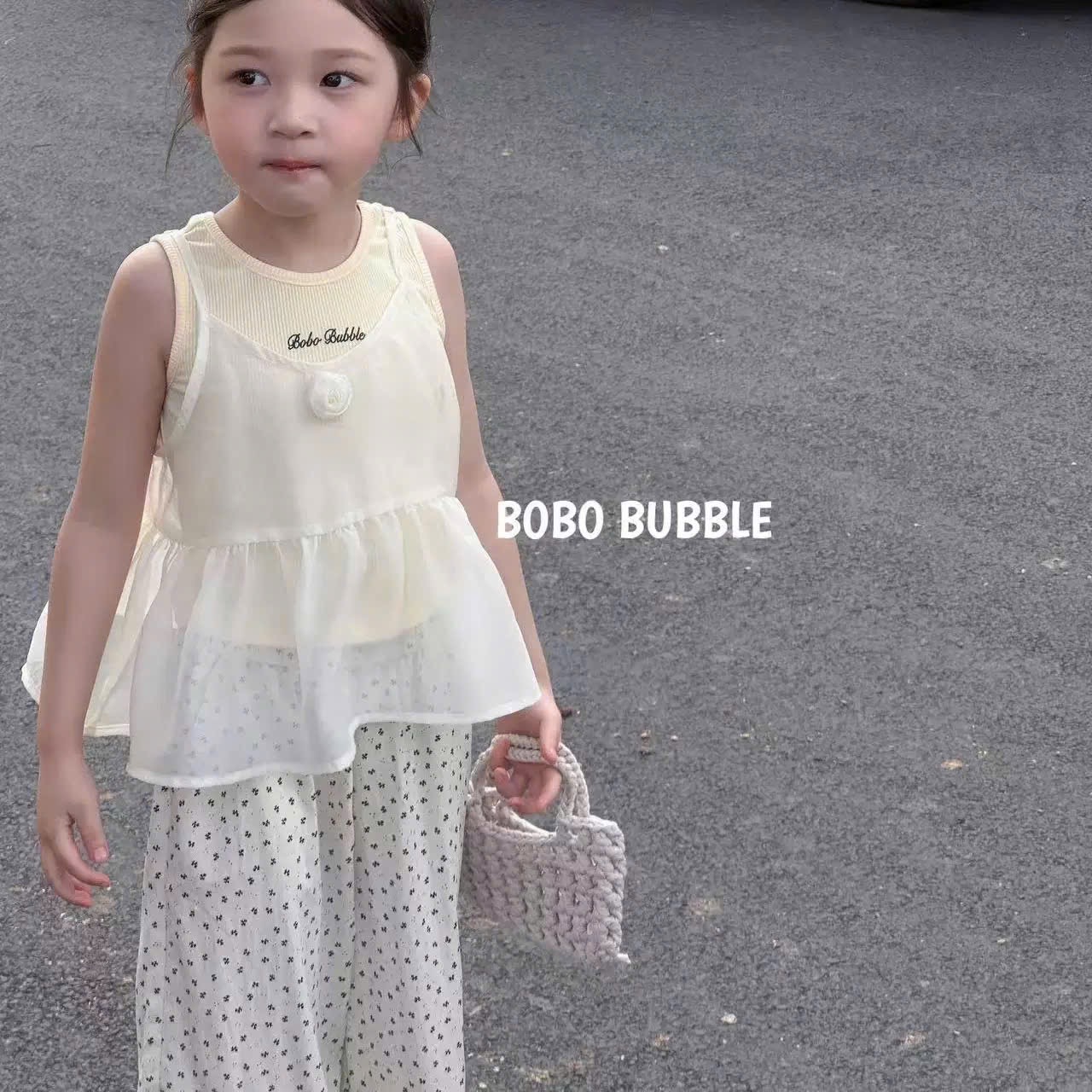 Sét bộ voan quần lá xuông kem bé gái