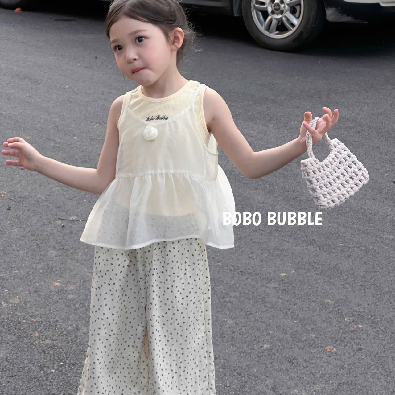 Sét bộ voan quần lá xuông kem bé gái