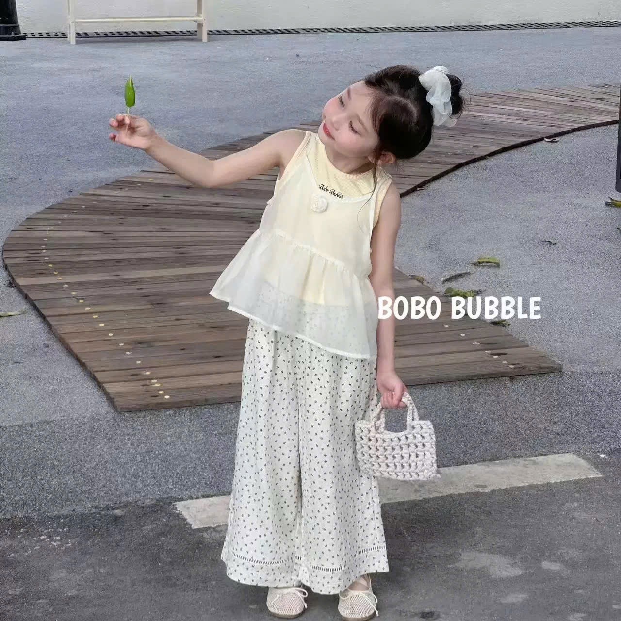 Sét bộ voan quần lá xuông kem bé gái