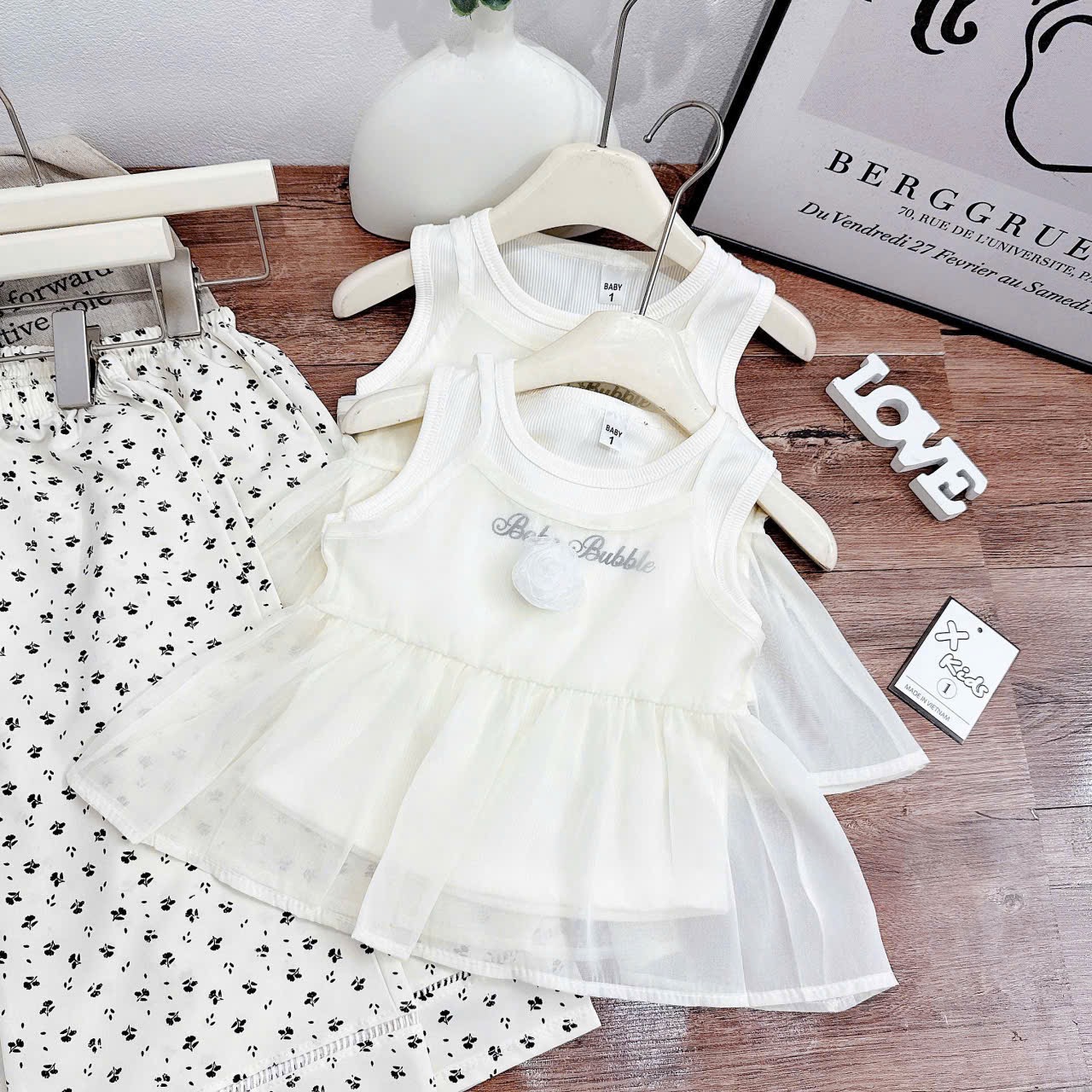 Sét bộ voan quần lá xuông kem bé gái