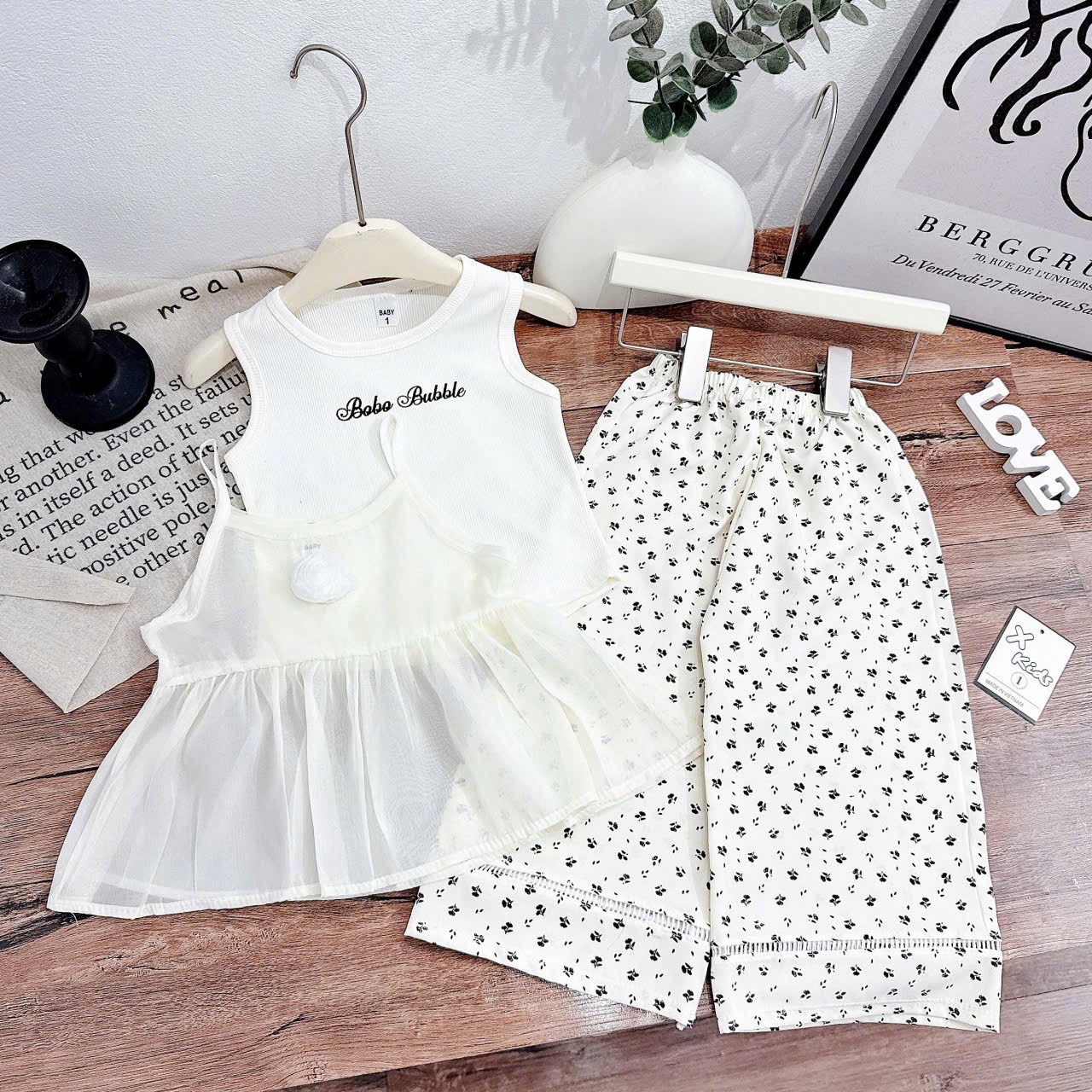 Sét bộ voan quần lá xuông kem bé gái