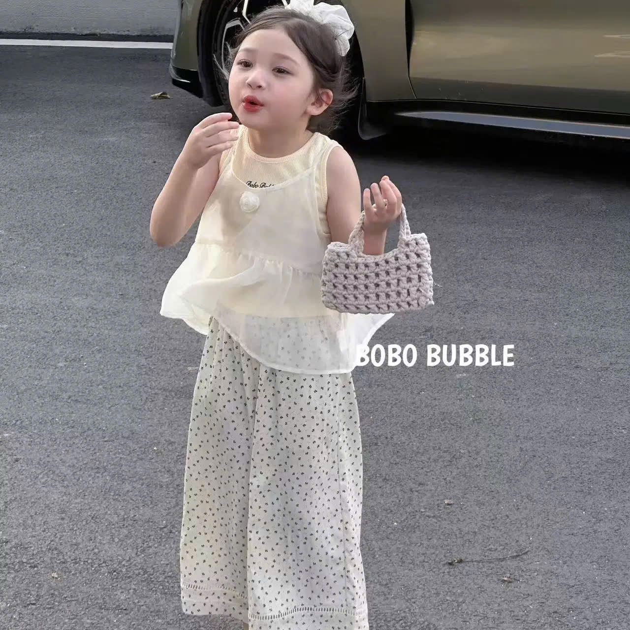 Sét bộ voan quần lá xuông kem bé gái