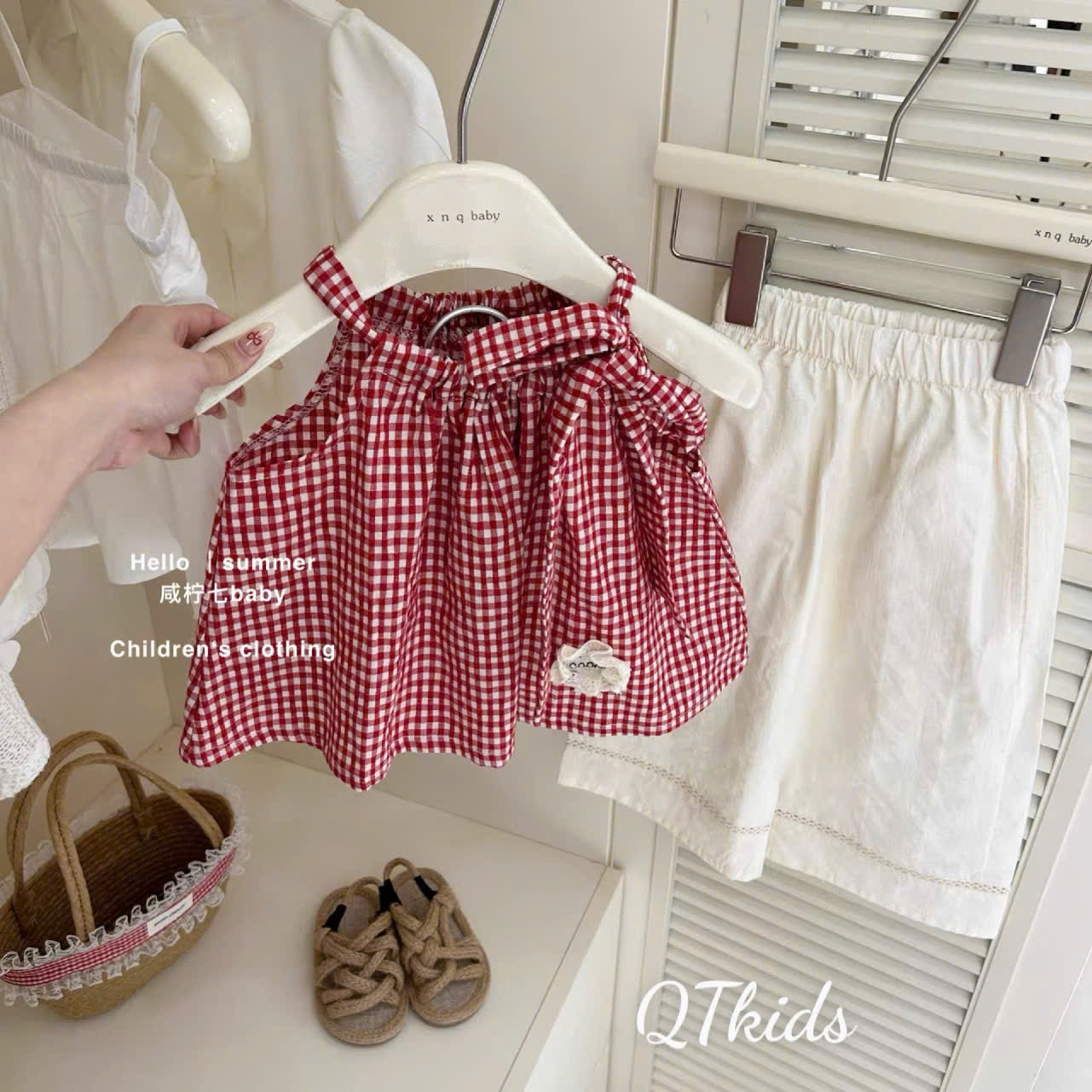 Sét caro quần xuông kem bé gái