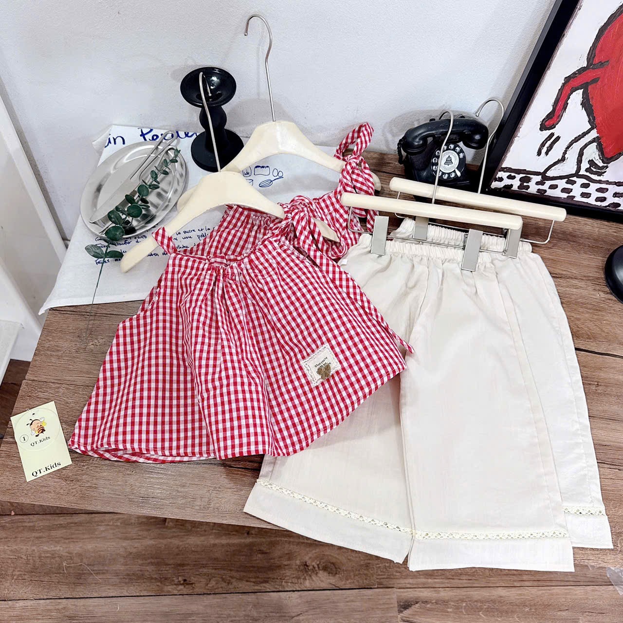 Sét caro quần xuông kem bé gái