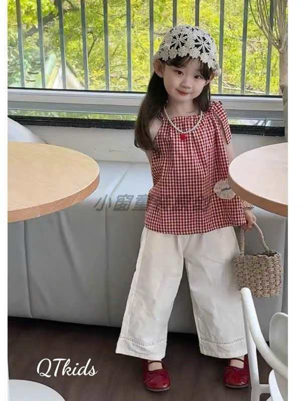 Sét caro quần xuông kem bé gái