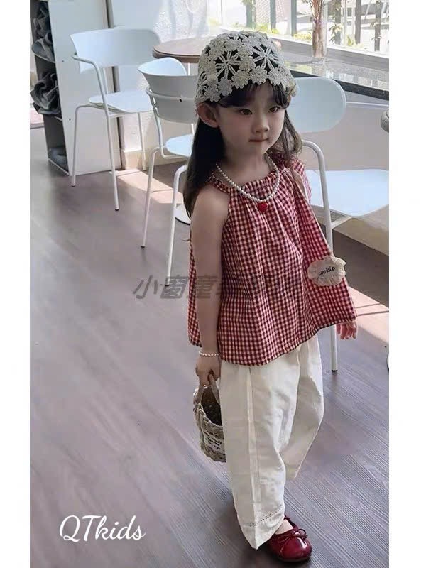 Sét caro quần xuông kem bé gái