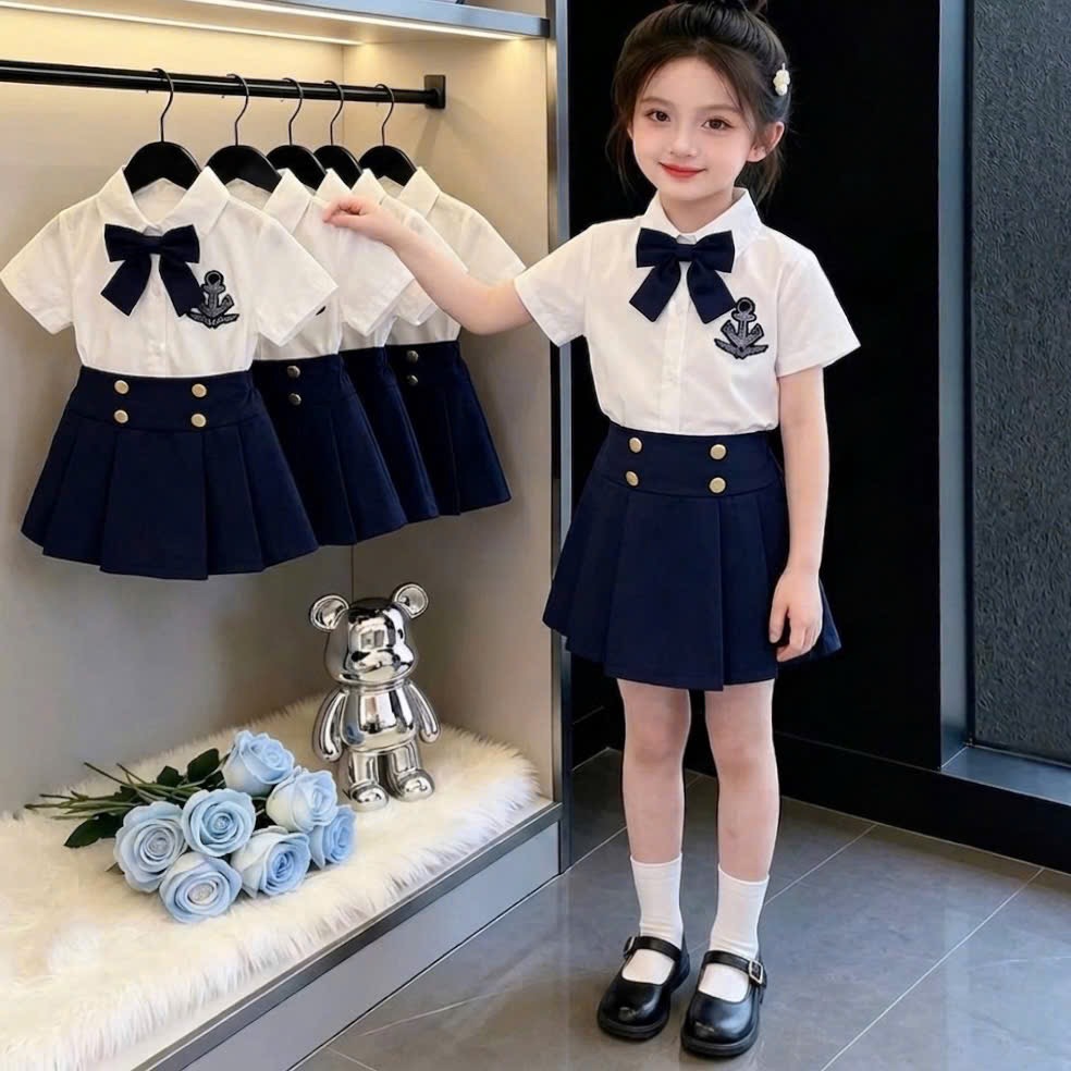 Sét đồng phục bé gái kèm nơ cổ bé gái sn
