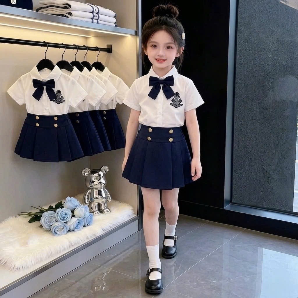 Sét đồng phục bé gái kèm nơ cổ bé gái sn