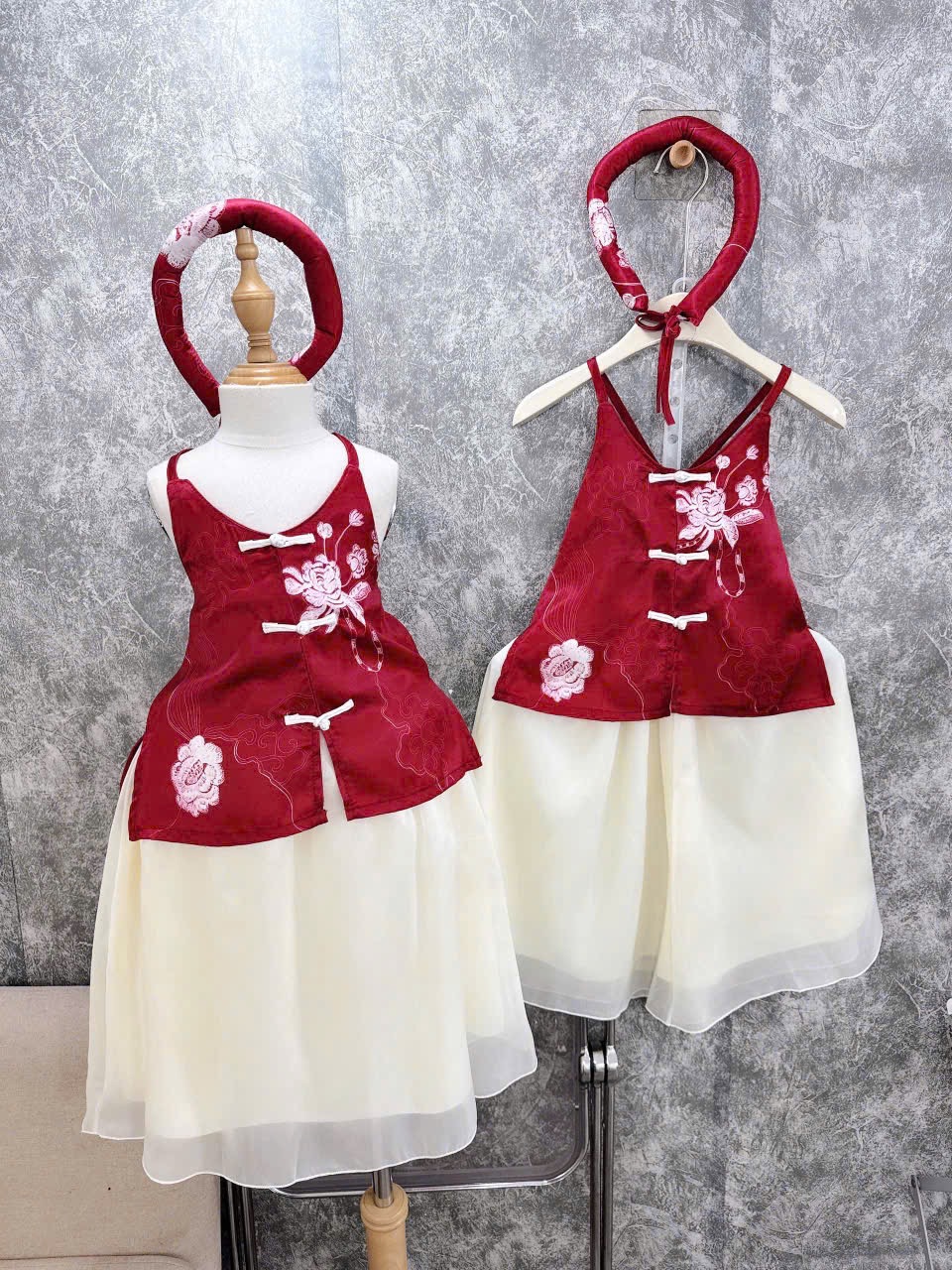 Sét trung thu 2 dây đỏ cv tơ 2 lớp kèm mấn bé gái