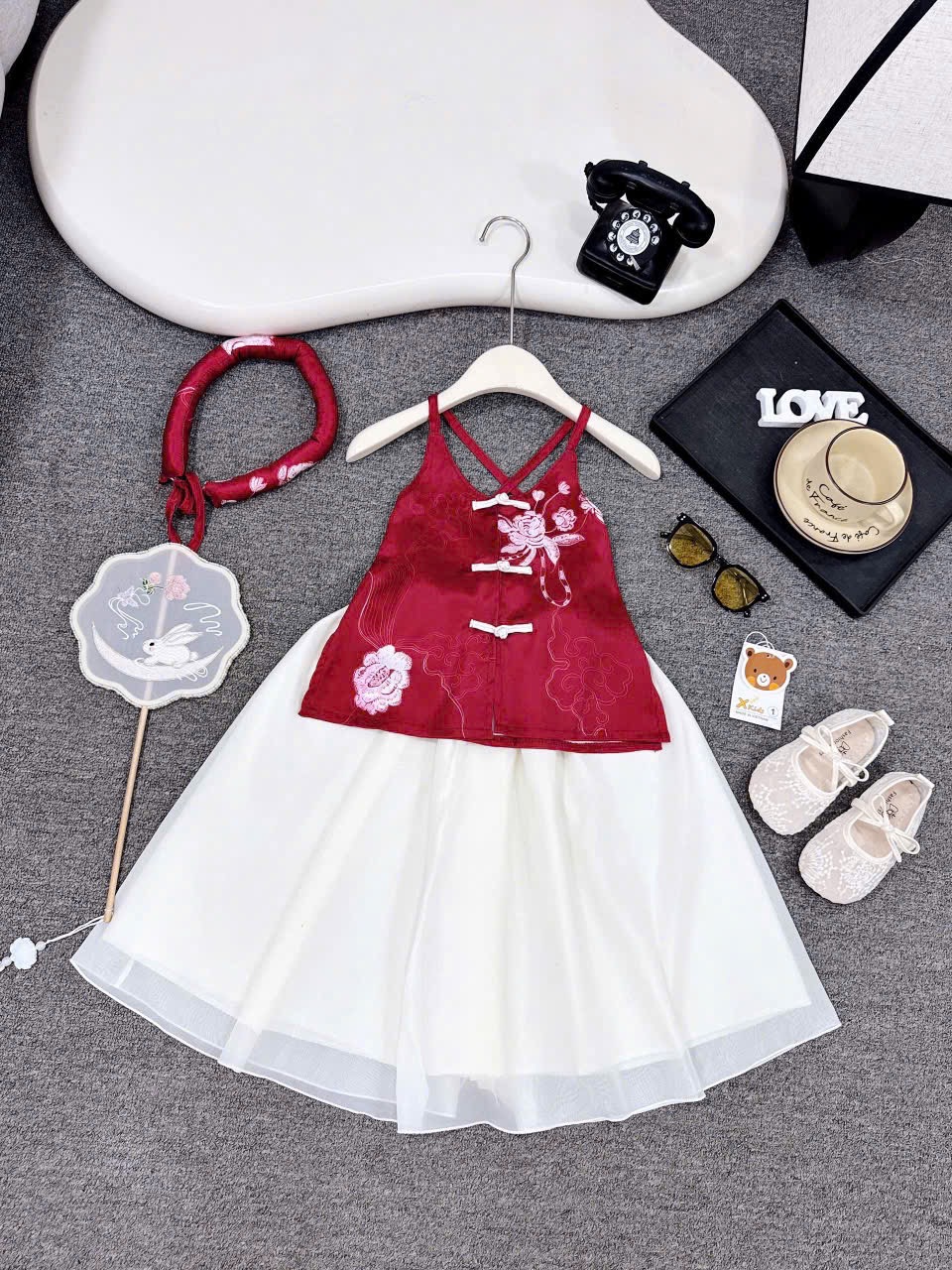 Sét trung thu 2 dây đỏ cv tơ 2 lớp kèm mấn bé gái