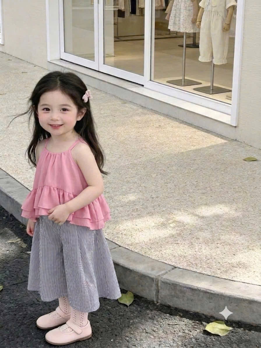 Sét váy 2 dây hồng quần xuông kẻ bé gái