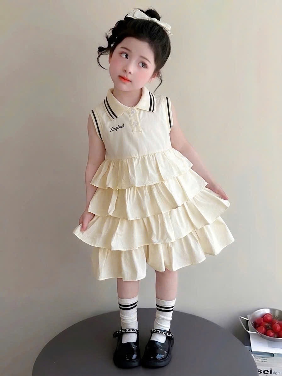 Sét váy cổ bẻ thân tầng bé gái