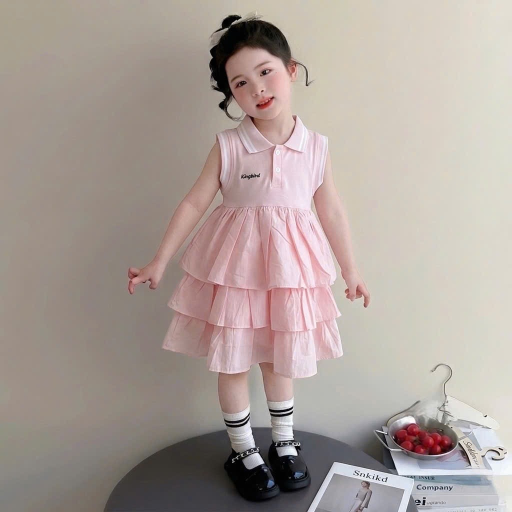 Sét váy cổ bẻ thân tầng bé gái