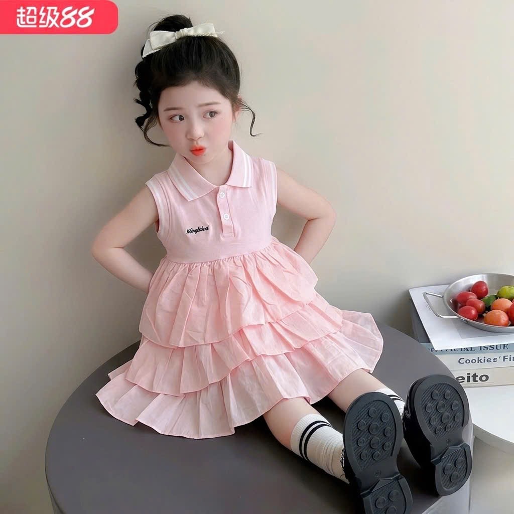Sét váy cổ bẻ thân tầng bé gái