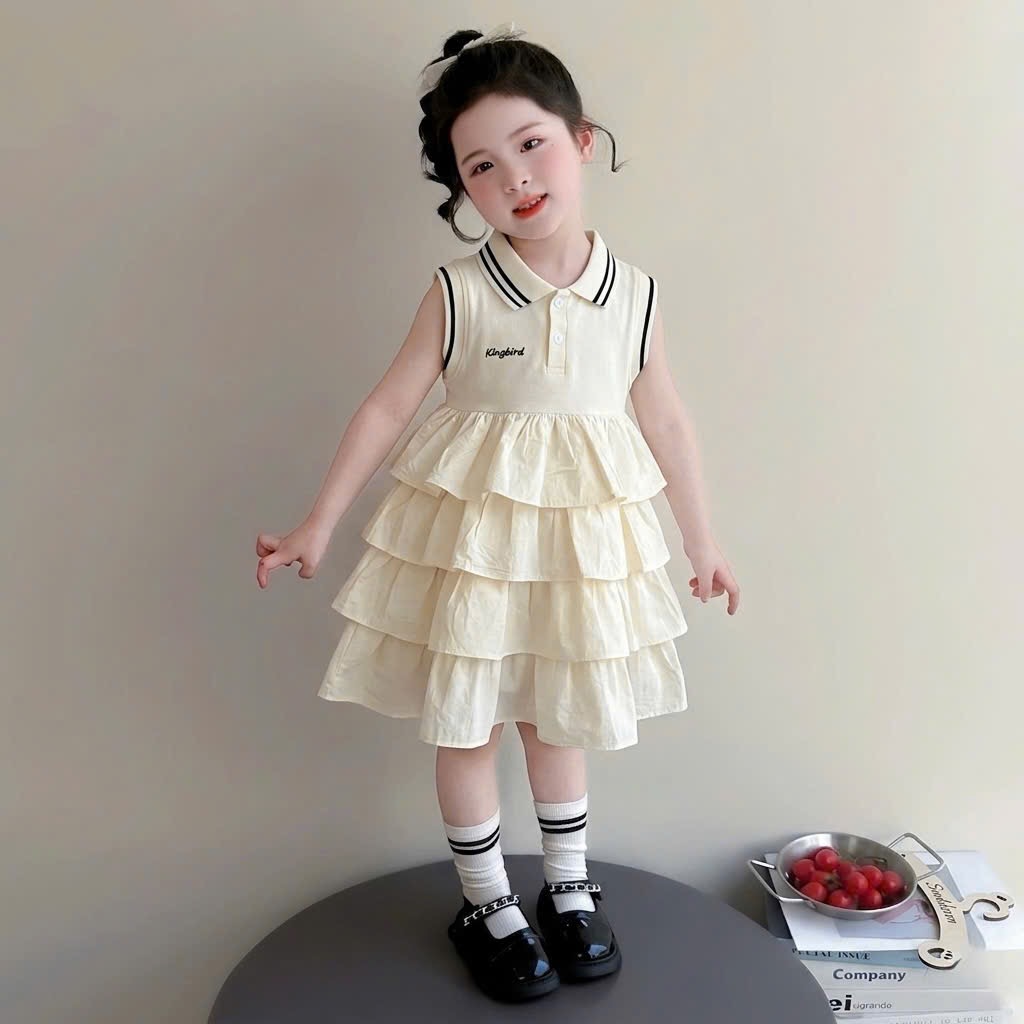 Sét váy cổ bẻ thân tầng bé gái