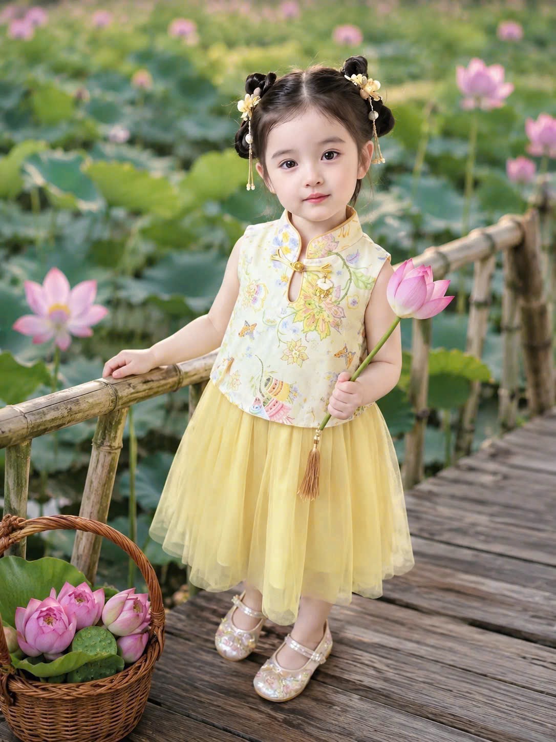 Sét váy hoa phối thân voan bé gái